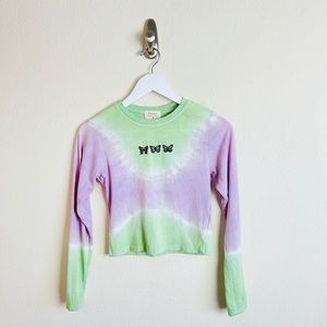 Green & Purple Tie Dye Butterfly Embroidered Long Sleeve Crop Top Tee